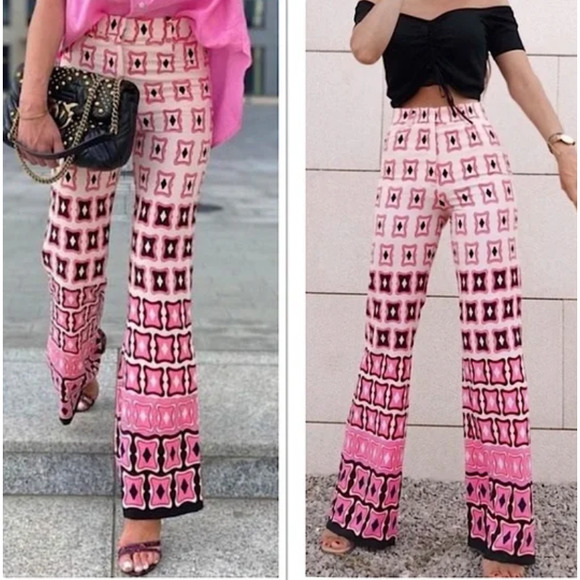 Zara Pants - ZARA Blogger Favorite PINK GEOMETRIC PRINTED HIGH WAIST FLARED PANTS Sz XS